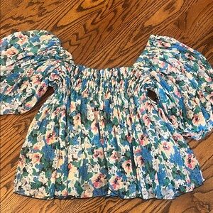 Ganni Georgette Floral Smocked Off-Shoulder Top - Azure